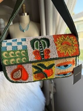 America and Beyond | Beaded Patchwork Shoulder Bag in Green, Orange and Cream